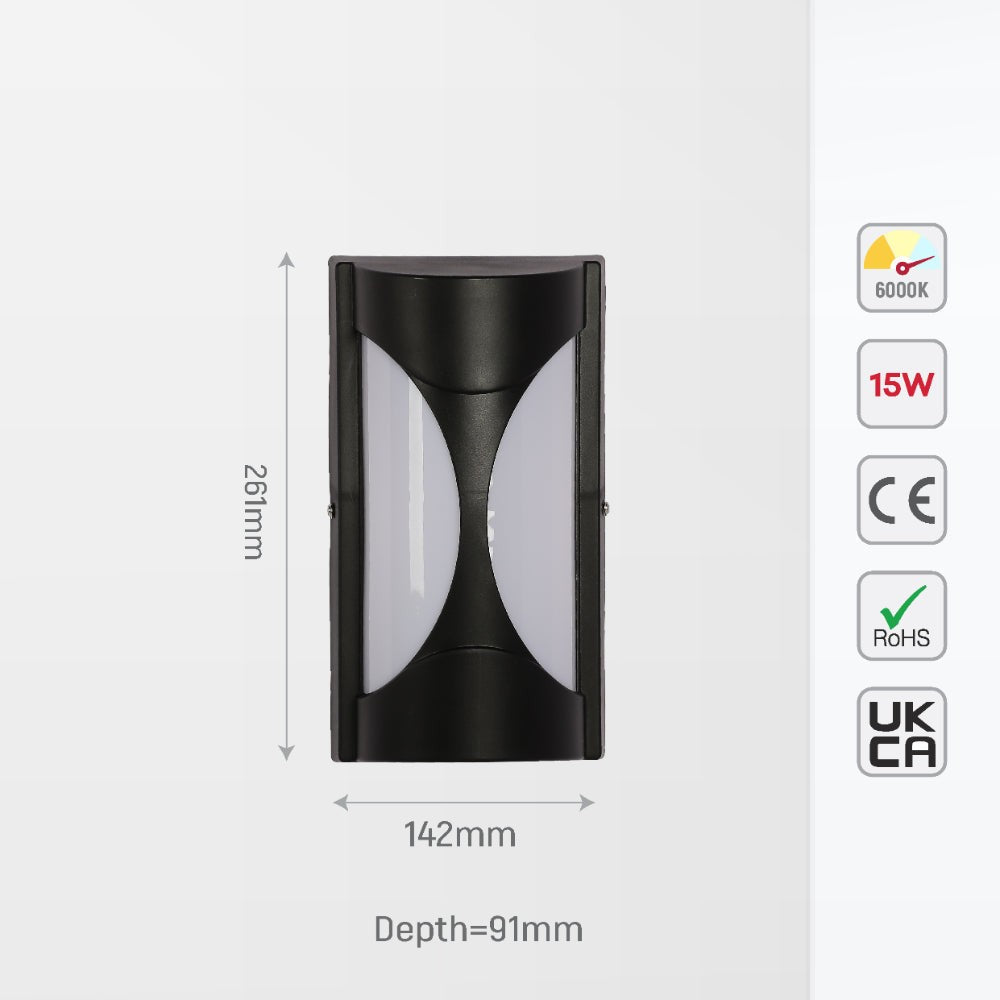 Hourglass Black Plastic LED Outdoor Wall Light 15W Cool Daylight