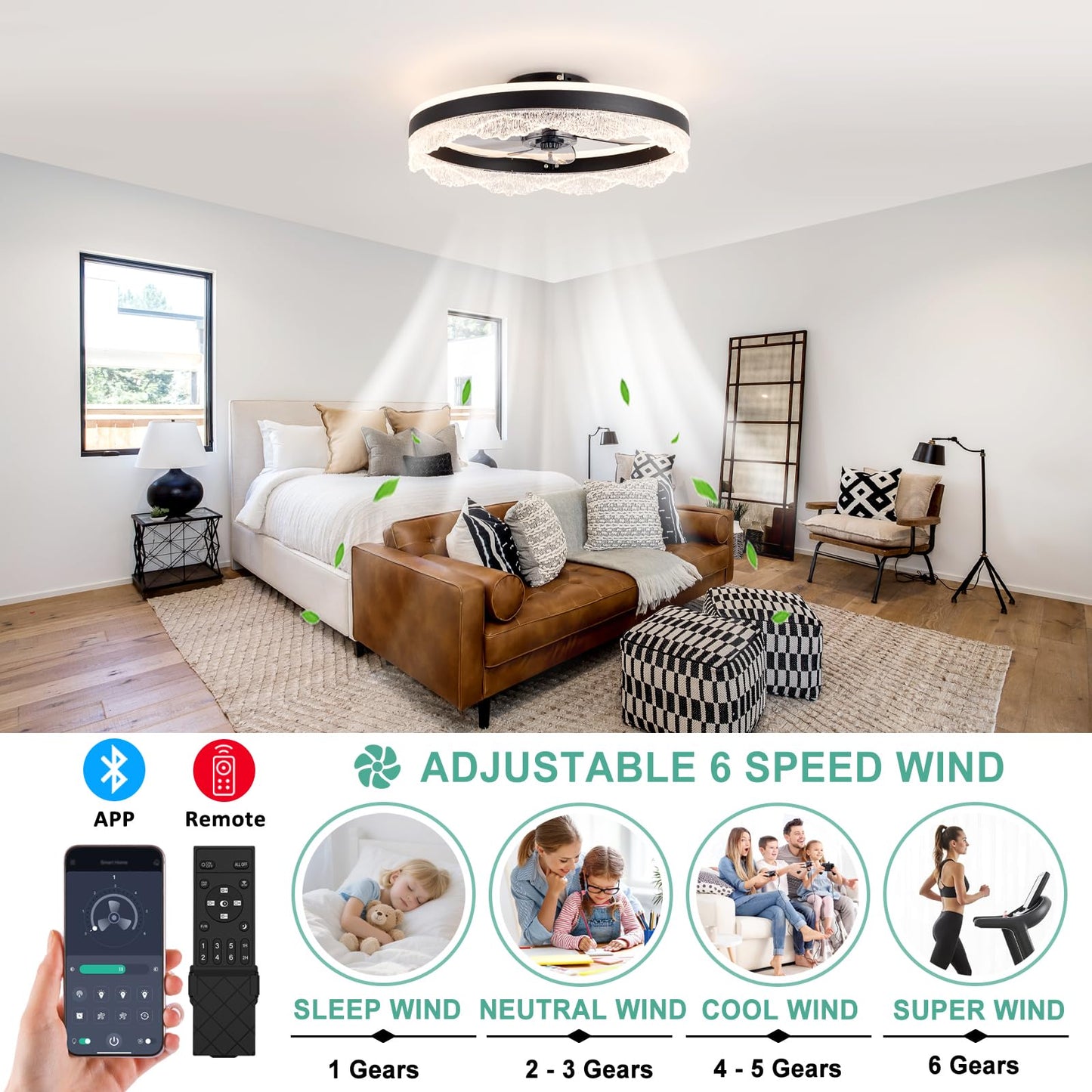 50cm Ceiling Fan with LED Light 30W Remote 6-Speed Reversible – Black