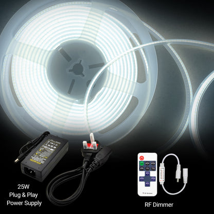 5 Meters Set of 24V Dotless COB Strip with 480 LEDs/M + Dimming Controller + UK Adapter Plug, 6500K