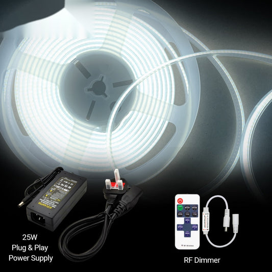 5 Meters Set of 24V Dotless COB Strip with 480 LEDs/M + Dimming Controller + UK Adapter Plug, 6500K – Ener-J