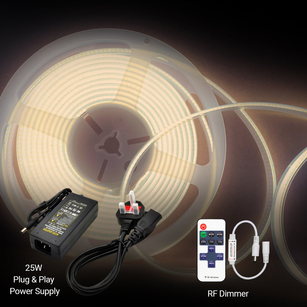 5 Meters Set of 24V Dotless COB Strip with 480 LEDs/M + Dimming Controller + UK Adapter Plug, 4000K