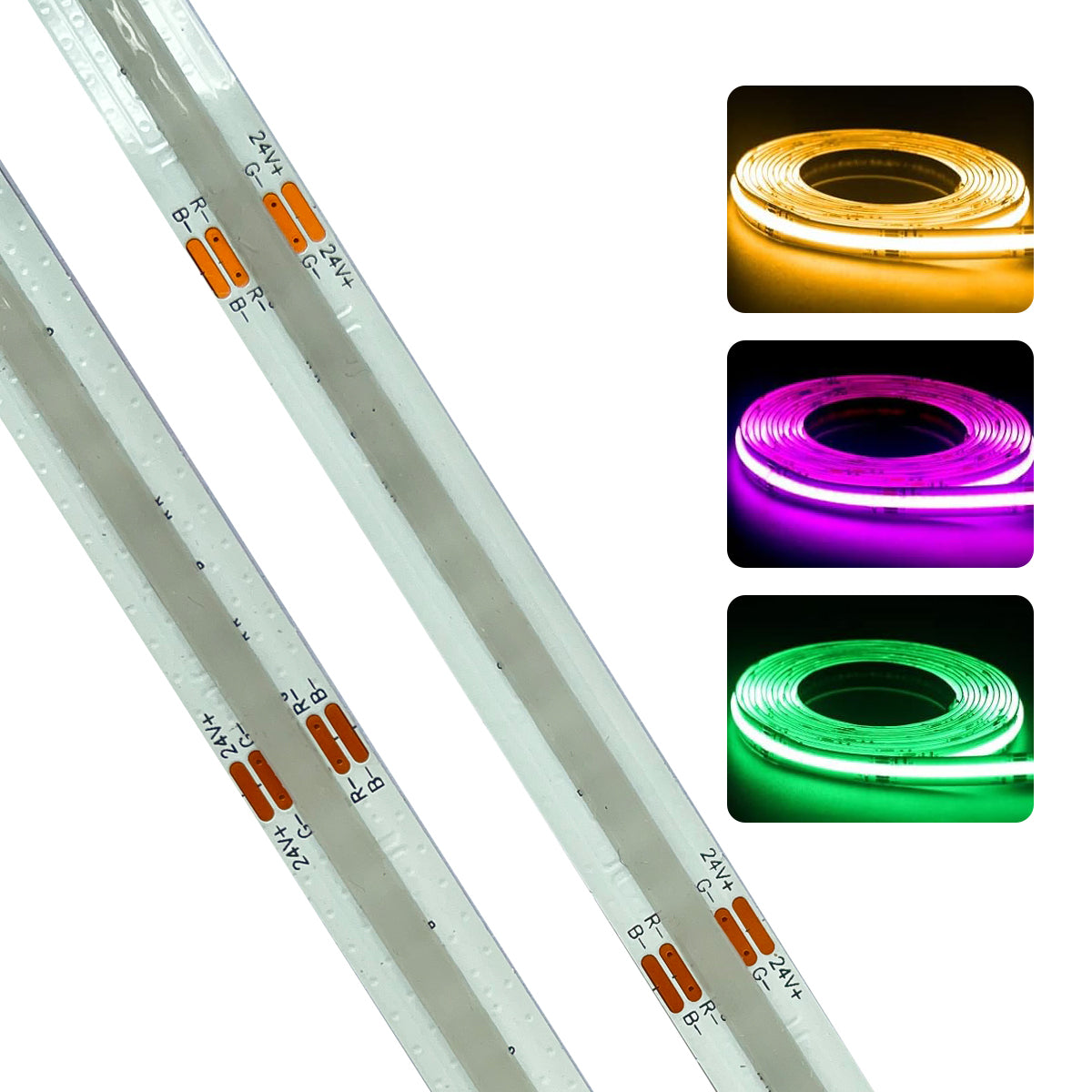24V COB LED Strip, RGB with 576 LEDs/Meter, 14W/Meter, DC Connector included, IP20
