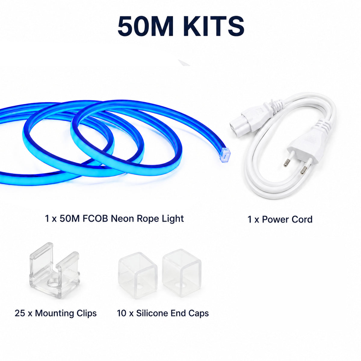 50M FCOB Neon Rope Light Kit, 10W/M, 800Lm/M, Blue