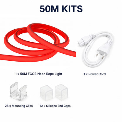 50M FCOB Neon Rope Light Kit, 10W/M, 800Lm/M, Red
