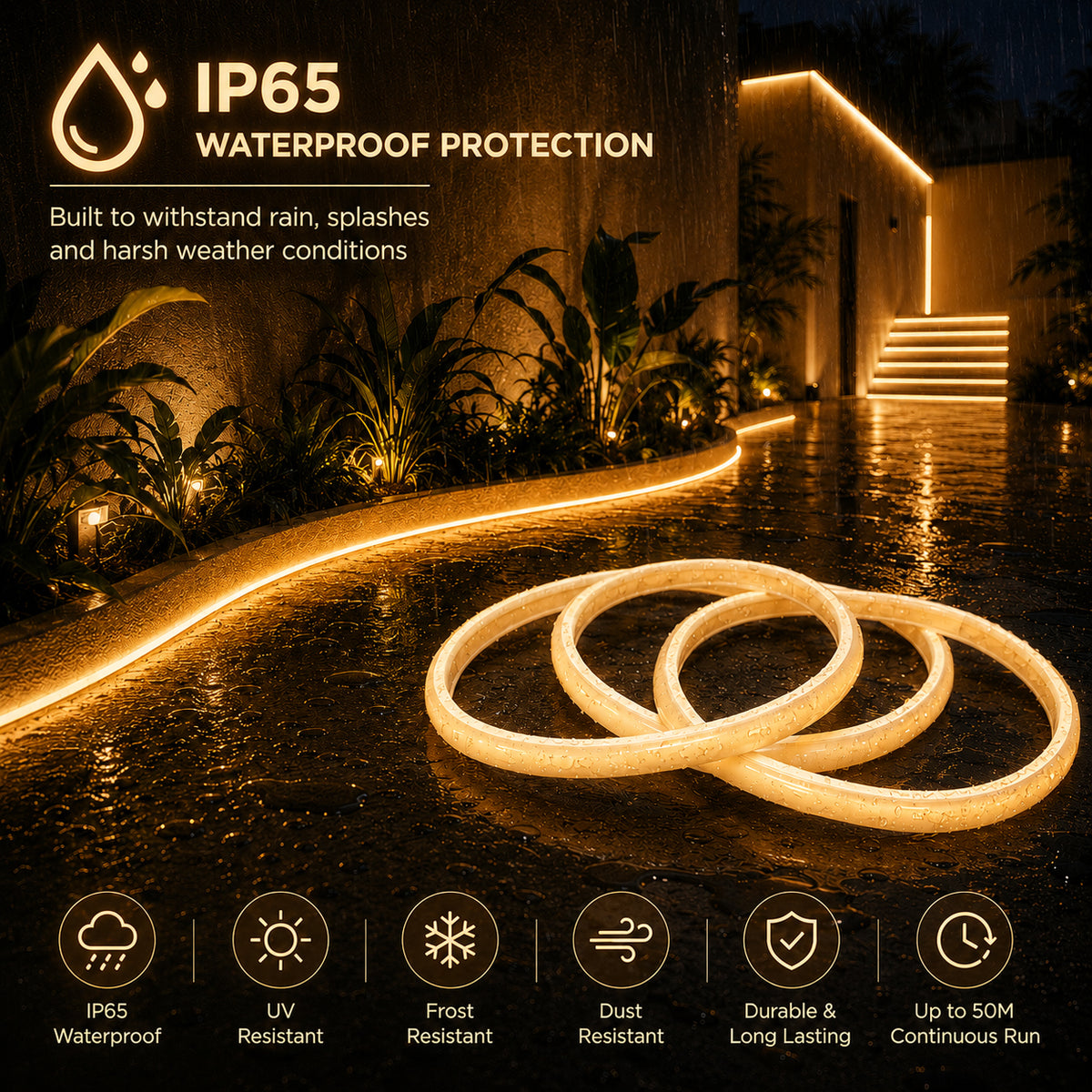 50M FCOB Neon Rope Light Kit, 10W/M, 800Lm/M, 3000K