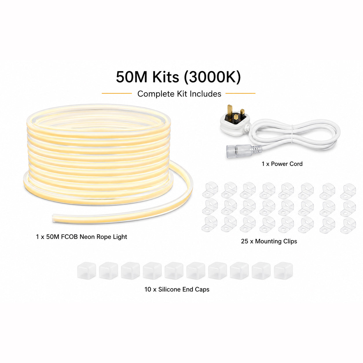 10M FCOB Neon Rope Light Kit, 10W/M, 800Lm/M, 3000K