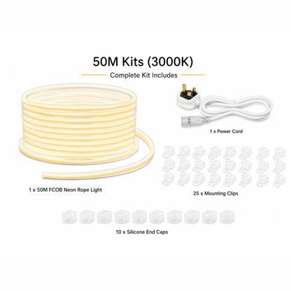 10M FCOB Neon Rope Light Kit, 10W/M, 800Lm/M, 3000K