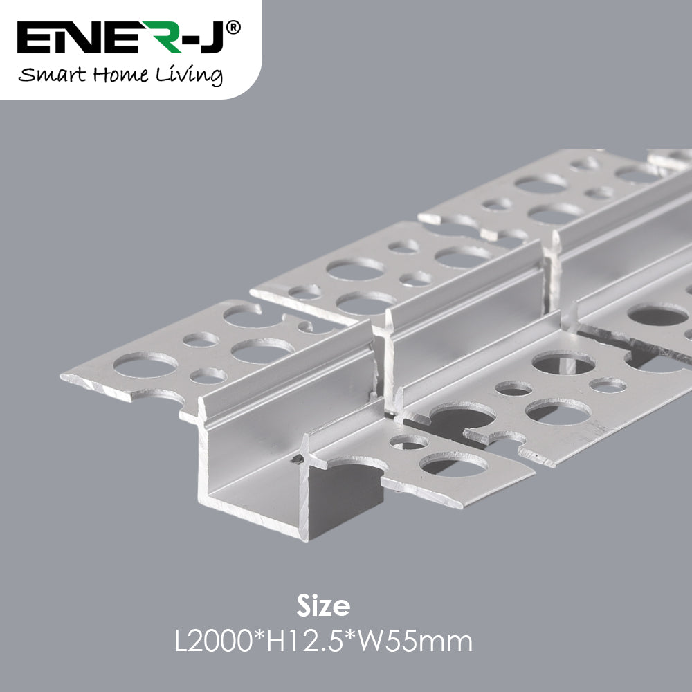 55mm x 12.5mm Recessed Plasterboard Trimless Aluminium LED Profile with Flange for Drywall - 2m Kit (1.2mm Thickness)