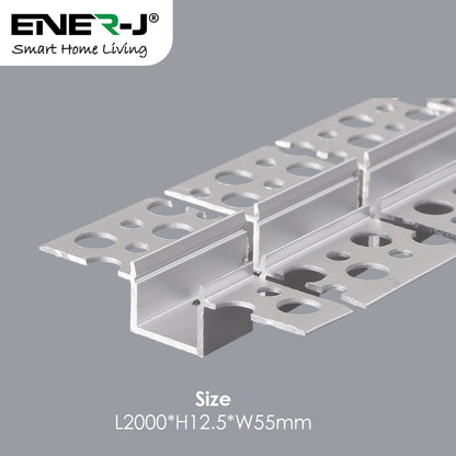55mm x 12.5mm Recessed Plasterboard Trimless Aluminium LED Profile with Flange for Drywall - 2m Kit (1.2mm Thickness)