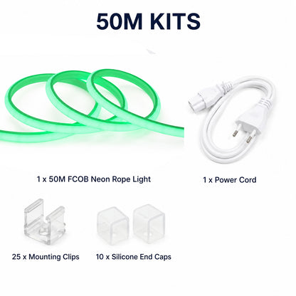 50M FCOB Neon Rope Light Kit, 10W/M, 800Lm/M, Green