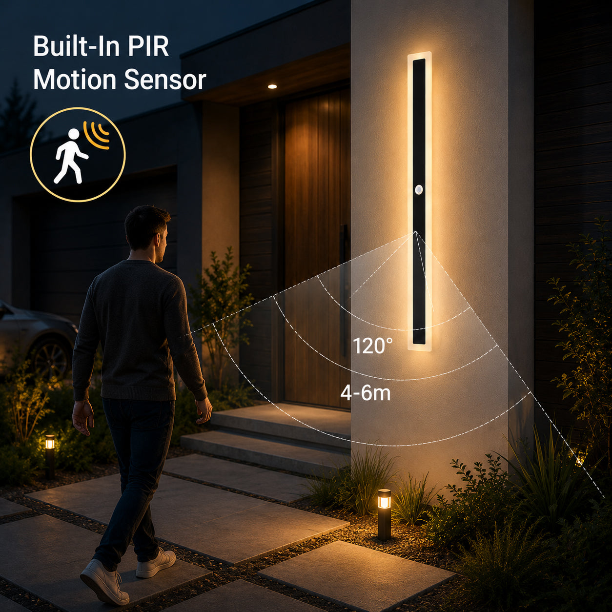 Ener-J PIR Sensor Outdoor LED Wall Light Motion Sensor Black IP65 18W Warm White 1000mm
