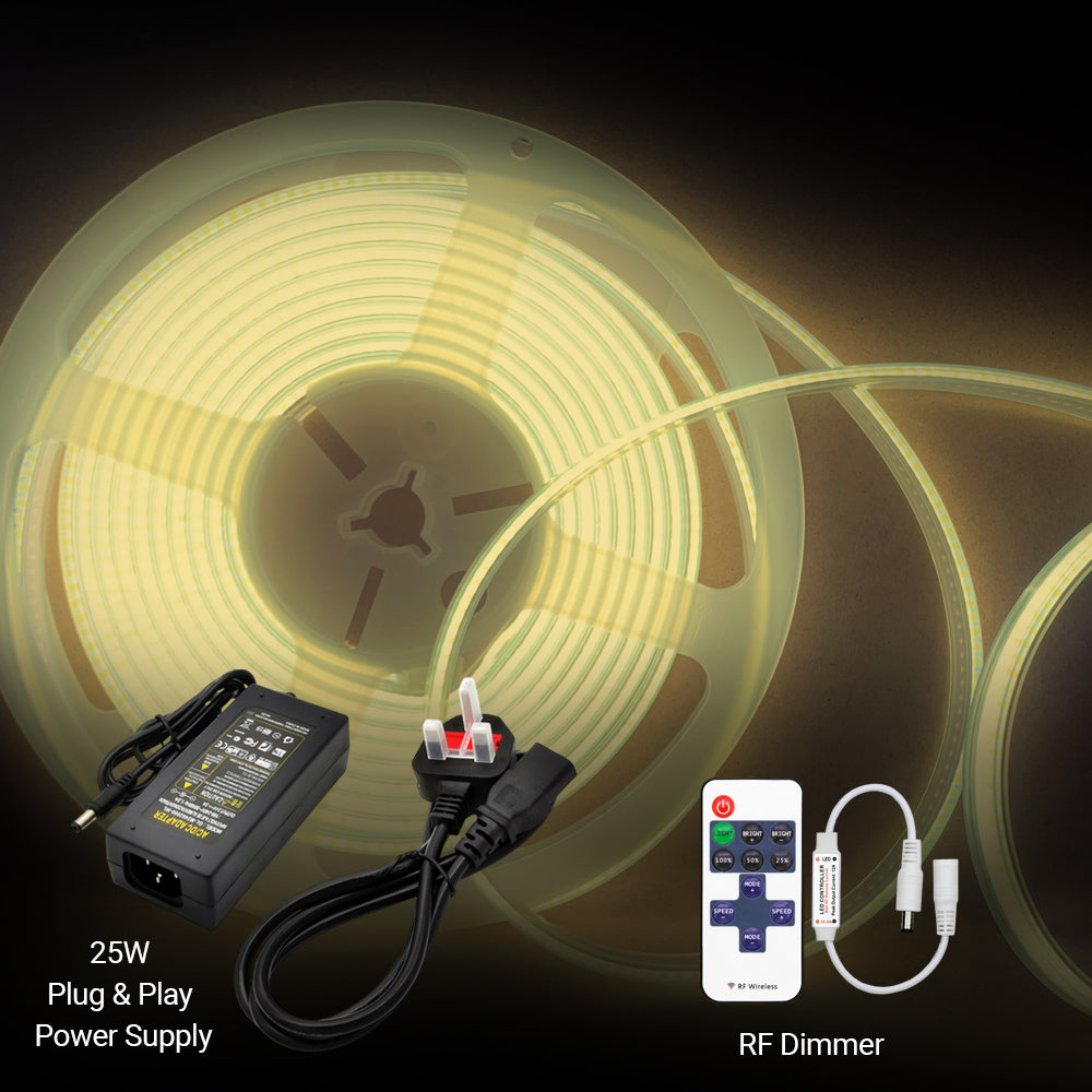5 Meters Set of 24V Dotless COB Strip with 480 LEDs/M + Dimming Controller + UK Adapter Plug, 3000K
