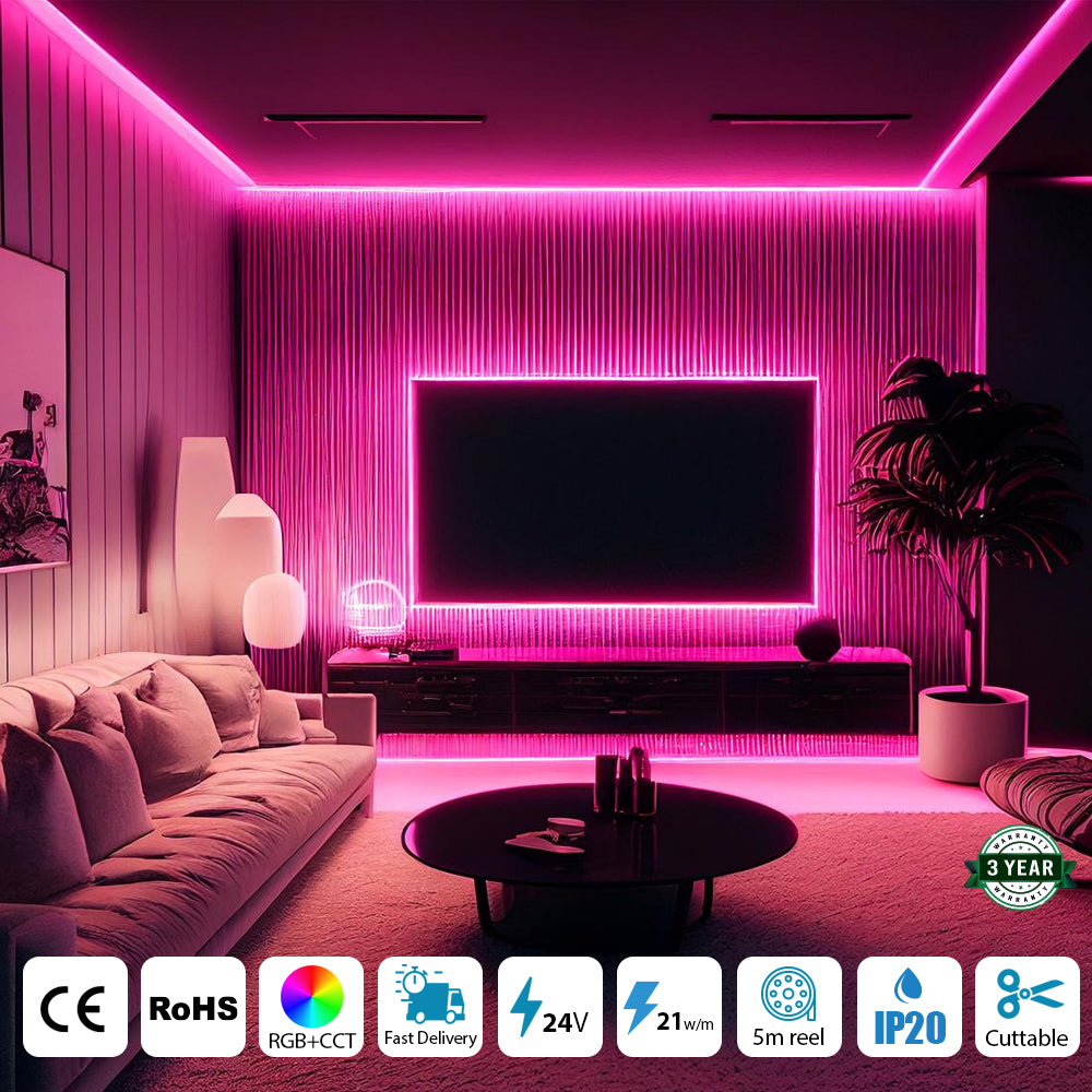 24V RGB+CCT COB Strip Lights, 840 LEDs/M, IP20 (5 Meter Roll)