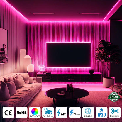 24V RGB+CCT COB Strip Lights, 840 LEDs/M, IP20 (5 Meter Roll)