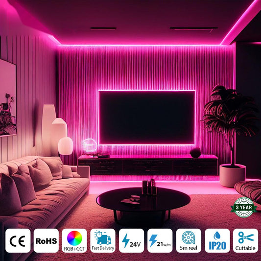 24V RGB+CCT COB Strip Lights, 840 LEDs/M, IP20 (5 Meter Roll)