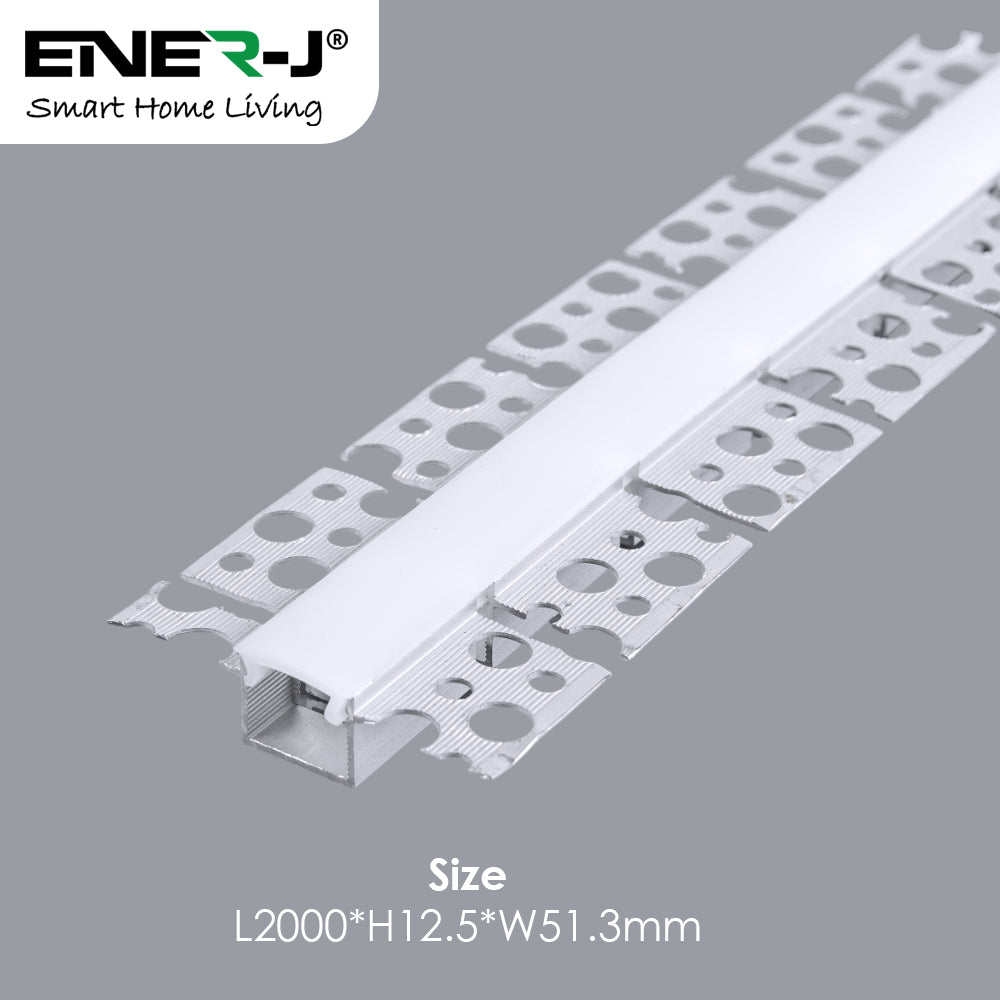 51.3mm x 12.5mm Recessed Plasterboard Trimless Aluminium LED Profile with Flange for Drywall - 2m Kit (1mm Thickness)