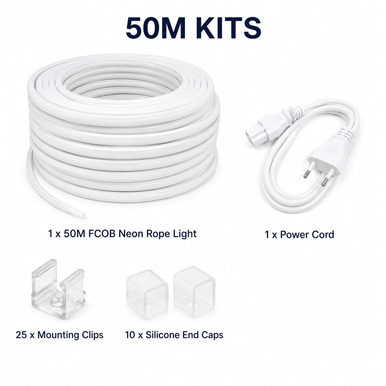 50M FCOB Neon Rope Light Kit, 10W/M, 800Lm/M, 4000K