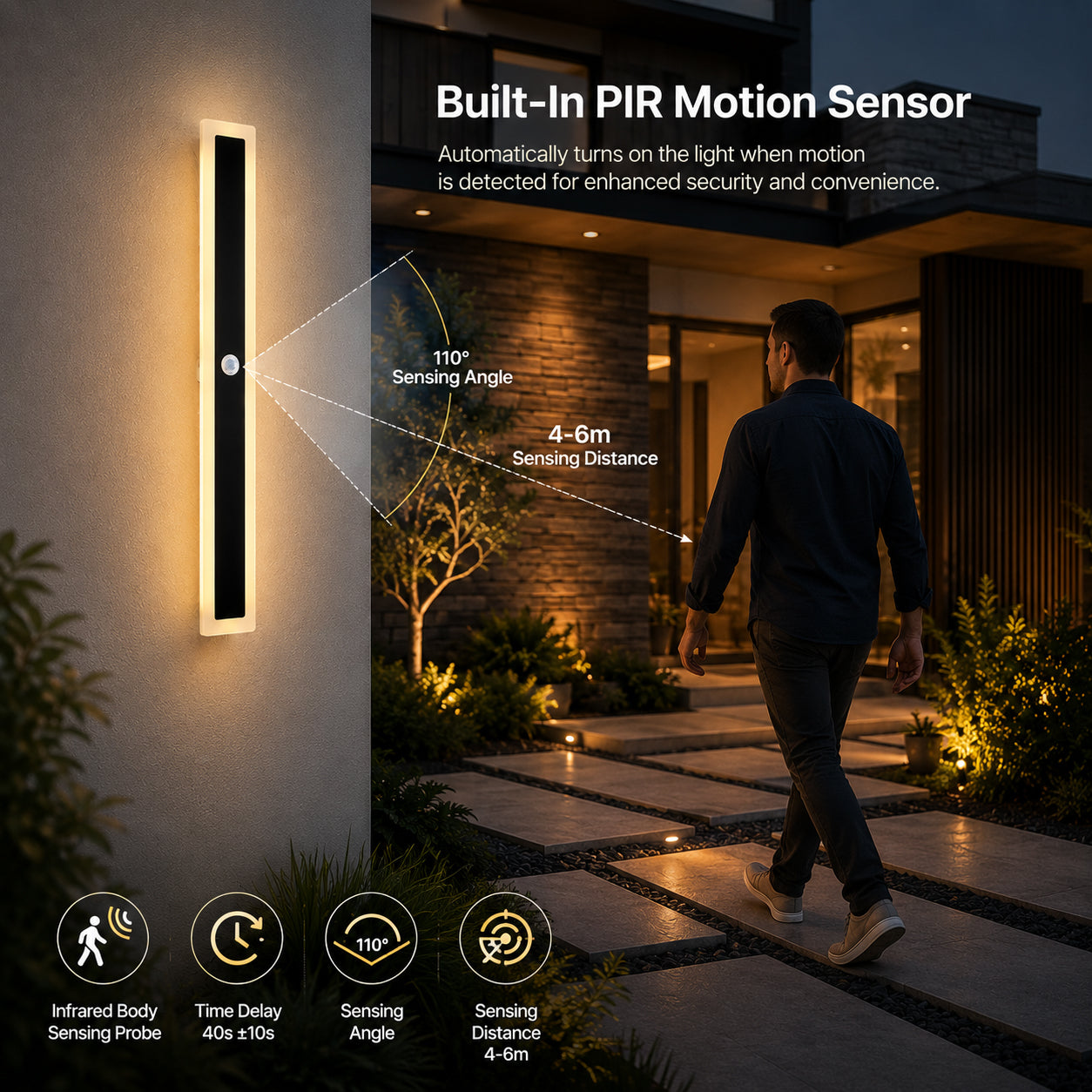 Ener-J PIR Sensor Outdoor LED Wall Light Motion Sensor Black IP65 12W Warm White 600mm