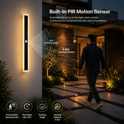 Ener-J PIR Sensor Outdoor LED Wall Light Motion Sensor Black IP65 12W Warm White 600mm