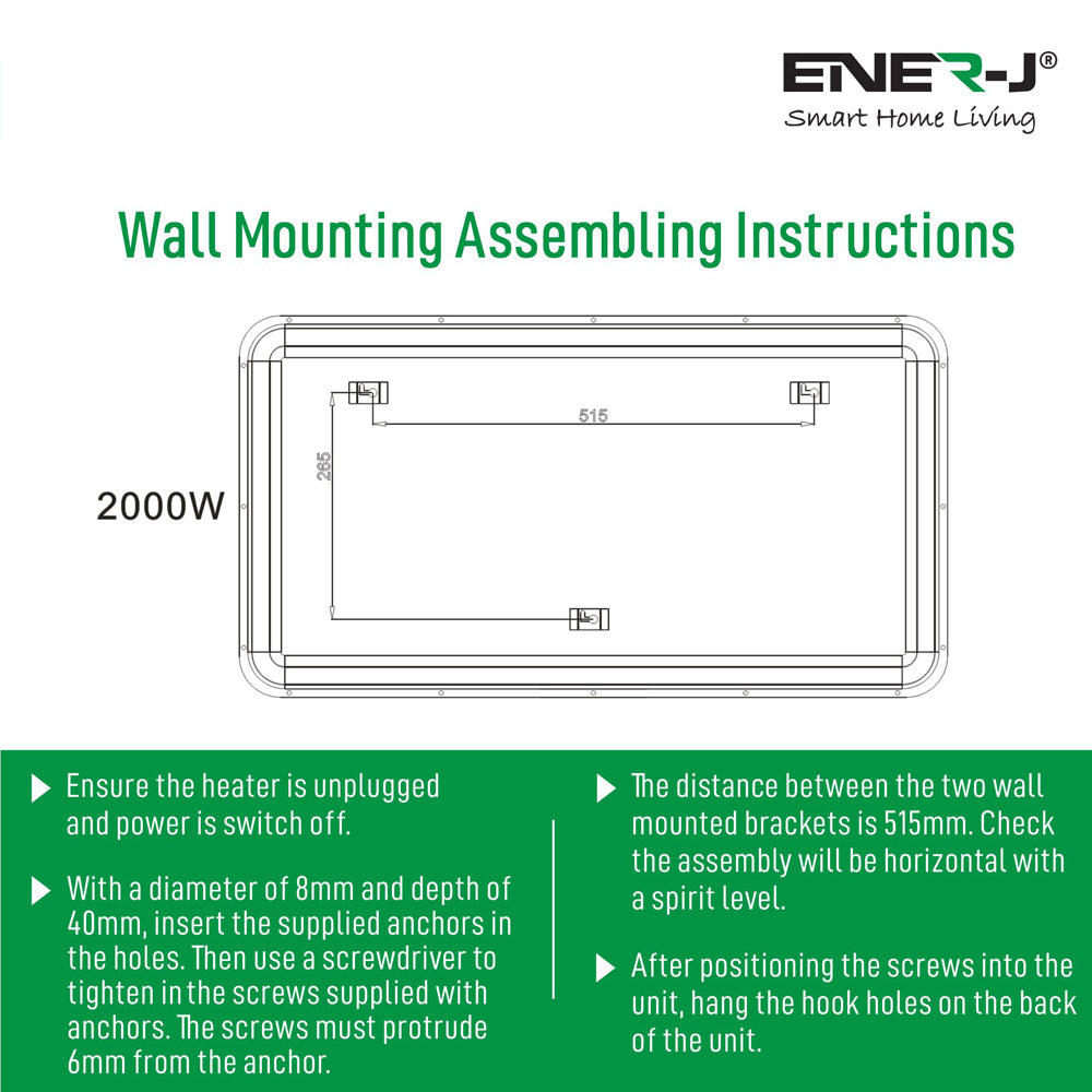 Smart Wall Heater Tempered Glass White 2000W 240V