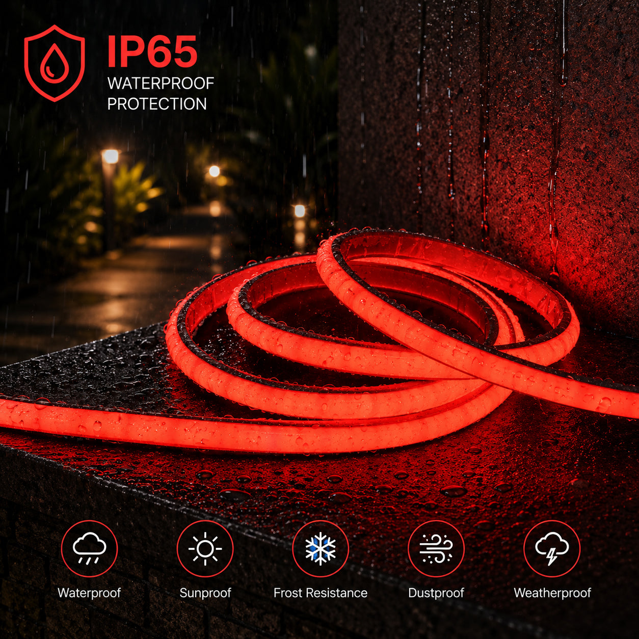 50M FCOB Neon Rope Light Kit, 10W/M, 800Lm/M, Red