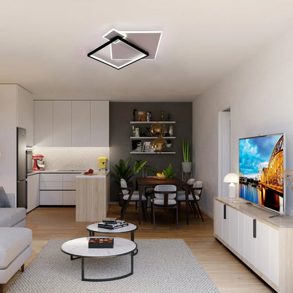Layered Square LED Ceiling Light, CCT Tunable with Remote, Black & White, 72W, Flush Mount