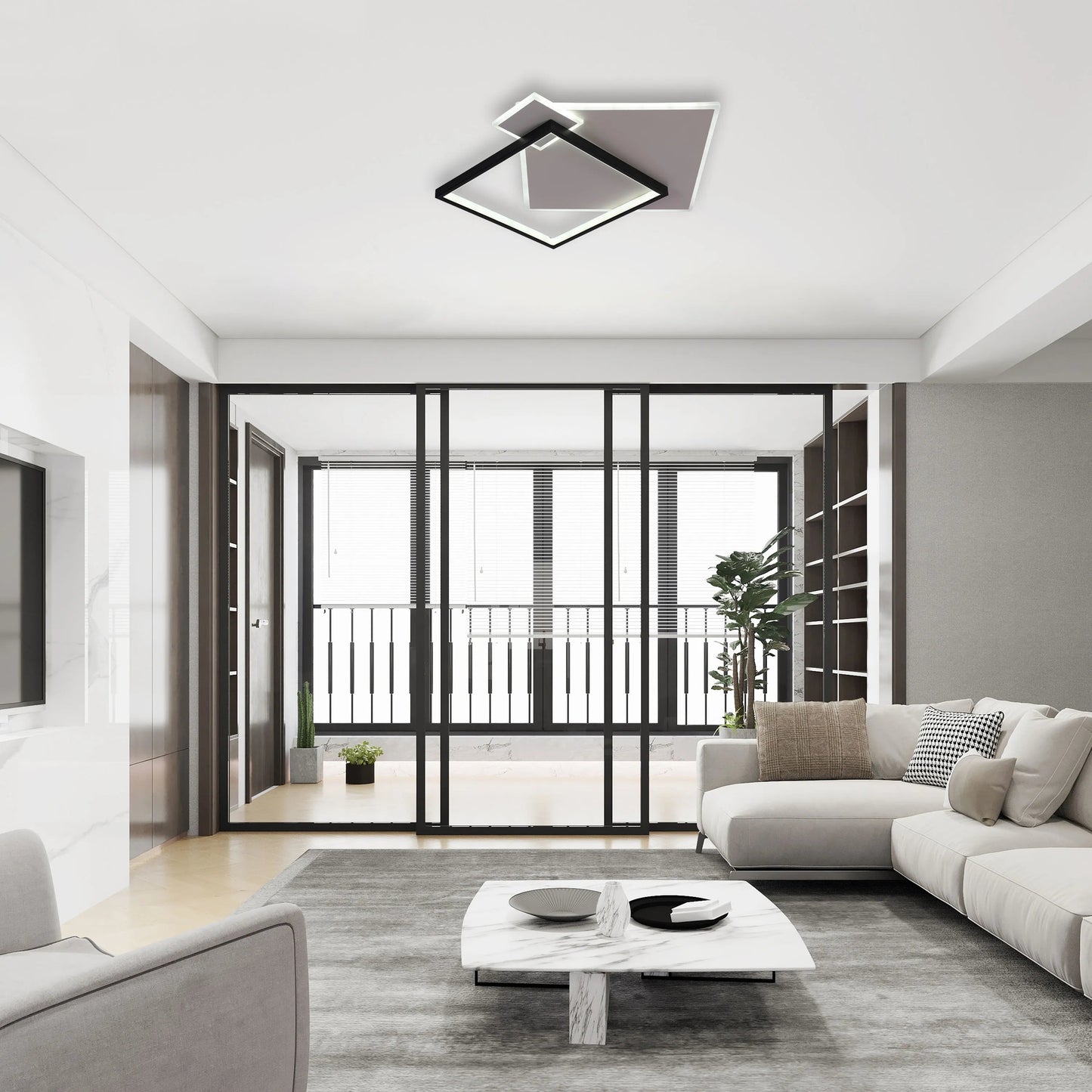 Layered Square LED Ceiling Light, CCT Tunable with Remote, Black & White, 72W, Flush Mount