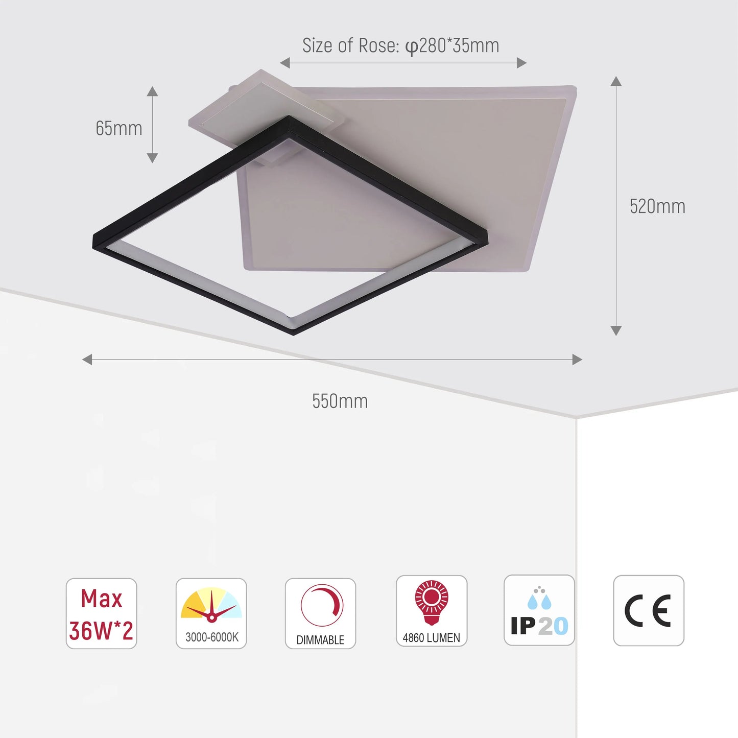 Layered Square LED Ceiling Light, CCT Tunable with Remote, Black & White, 72W, Flush Mount