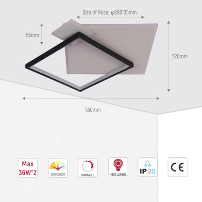 Layered Square LED Ceiling Light, CCT Tunable with Remote, Black & White, 72W, Flush Mount