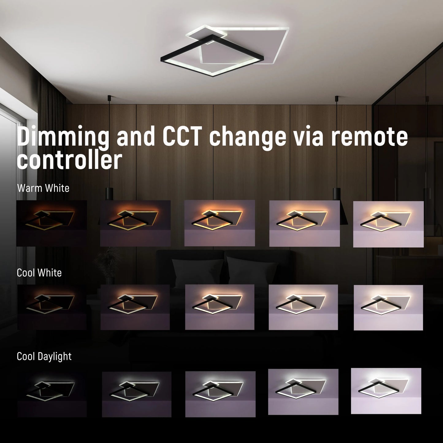 Layered Square LED Ceiling Light, CCT Tunable with Remote, Black & White, 72W, Flush Mount