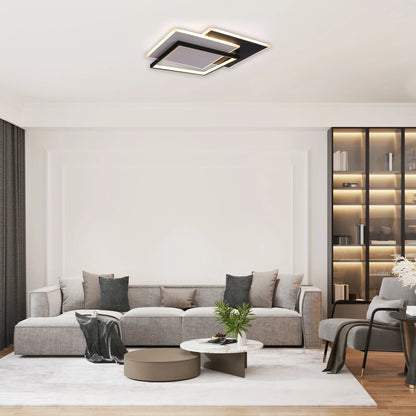 Layered Square LED Ceiling Light, CCT Tunable with Remote, Black & White, 72W, Flush Mount