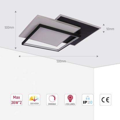 Layered Square LED Ceiling Light, CCT Tunable with Remote, Black & White, 72W, Flush Mount
