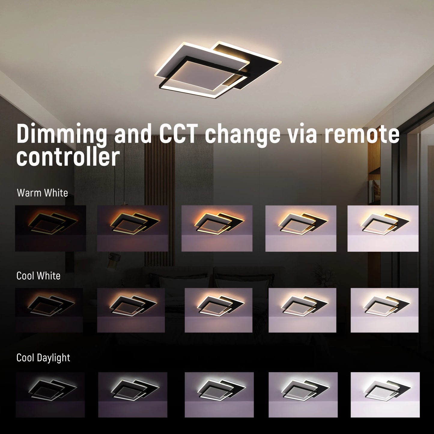 Layered Square LED Ceiling Light, CCT Tunable with Remote, Black & White, 72W, Flush Mount