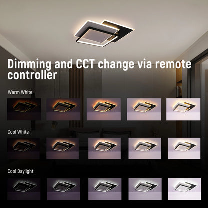 Layered Square LED Ceiling Light, CCT Tunable with Remote, Black & White, 72W, Flush Mount