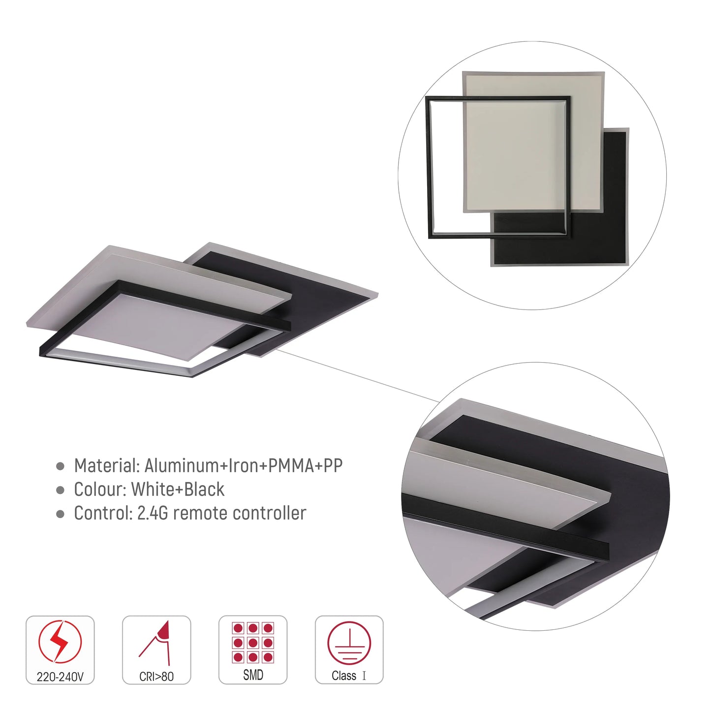 Layered Square LED Ceiling Light, CCT Tunable with Remote, Black & White, 72W, Flush Mount