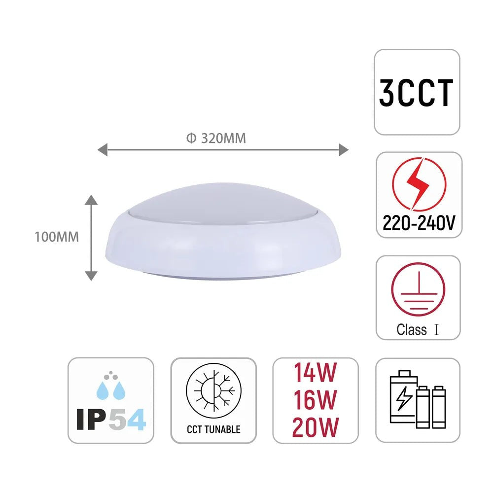 LED Paladin Bulkhead 14-16-20 W 3CCT IP54 with White Rim
