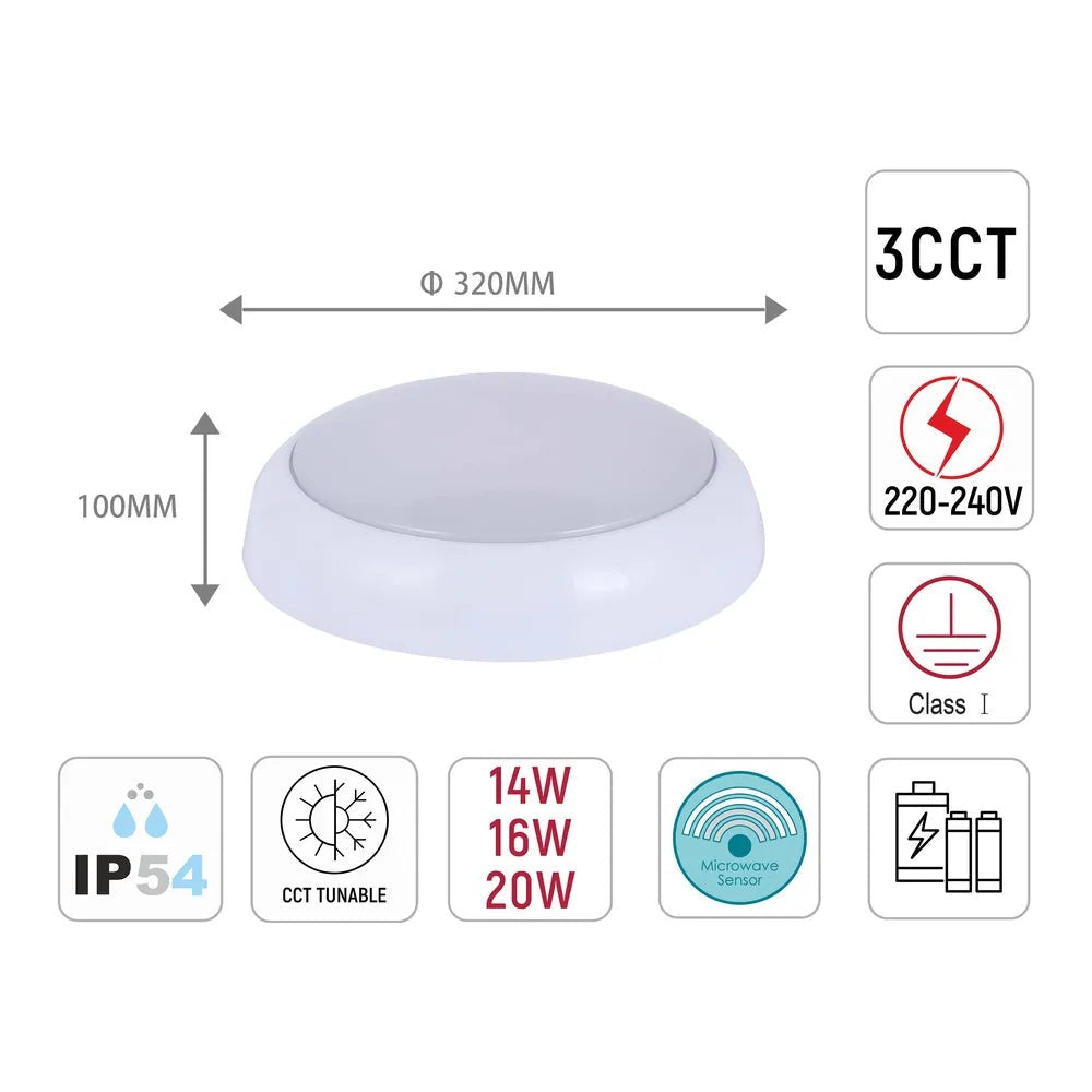 LED Paladin Bulkhead 14-16-20 W 3CCT IP54 with White Rim