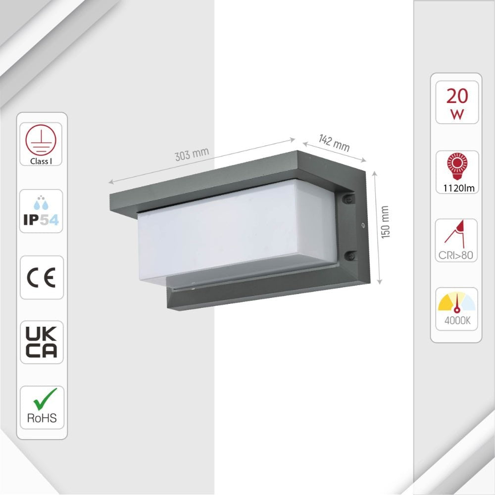 LED Diecast Aluminium Cuboid Hood Wall Lamp 20W Cool White 4000K IP54 Grey