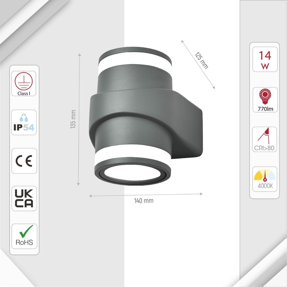 LED Diecast Aluminium One Direction Wall Lamp 7W 14W 4000K Cool White IP54 Grey