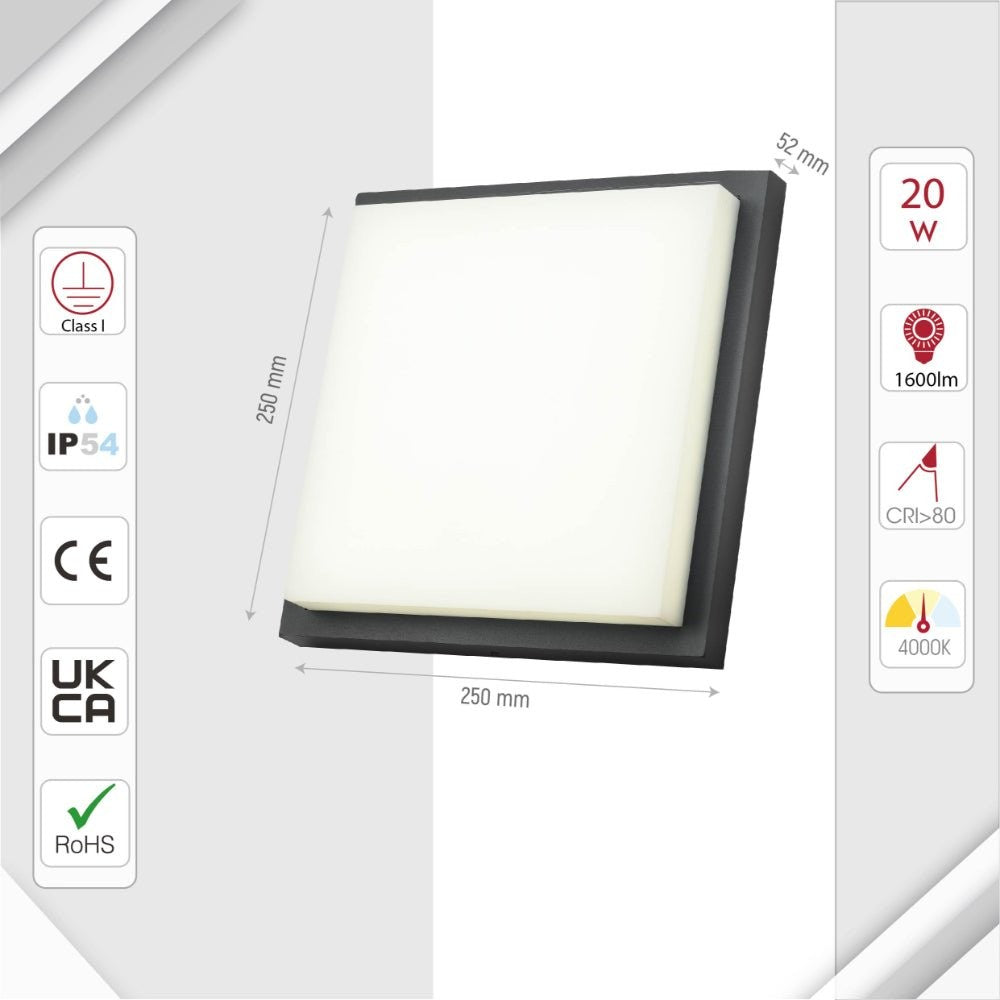 LED Diecast Wall Lamp, Square, 20W, IP54, Anthracite Grey, 250mm