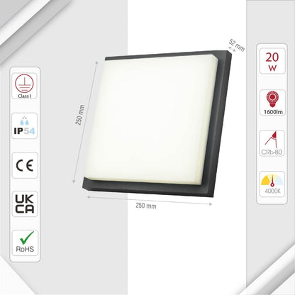 LED Diecast Wall Lamp, Square, 20W, IP54, Anthracite Grey, 250mm