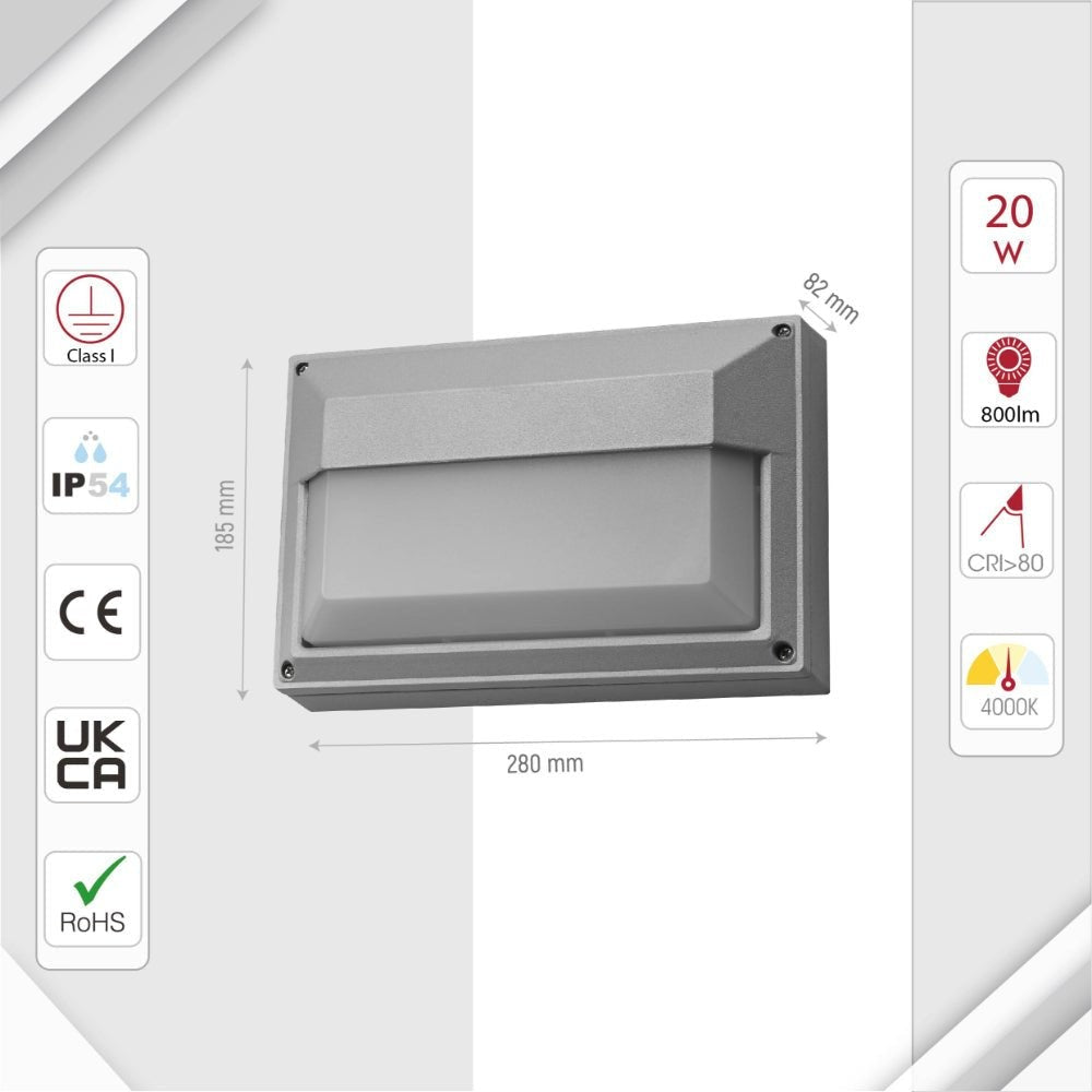 LED Diecast Wall Lamp, Rectangle Half, 20W 4000K, IP54, Grey
