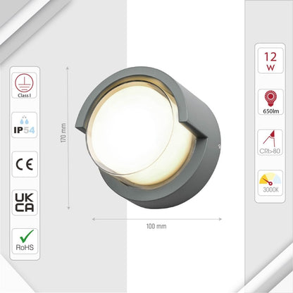 LED Diecast Aluminium Round Hood Wall Lamp 12W IP54 Grey