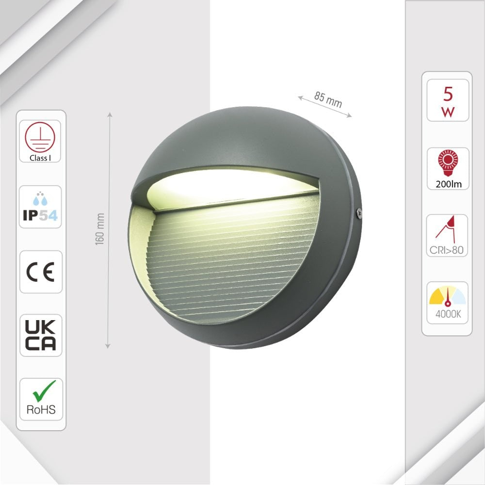 LED Diecast Aluminium Round Stair and Wall Light 5W IP54 Grey