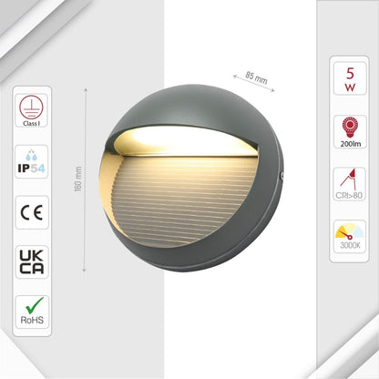 LED Diecast Aluminium Round Stair and Wall Light 5W IP54 Grey
