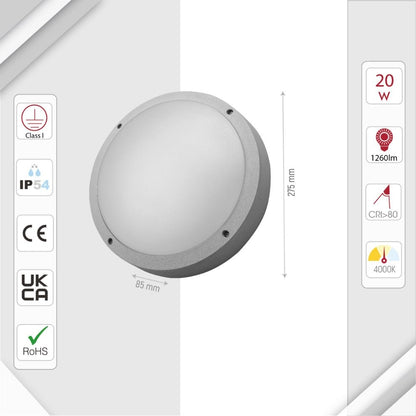 Fool Moon Eyelid LED Diecast Aluminium Round Wall Lamp 20W Cool White 4000K IP54 Grey 275mm