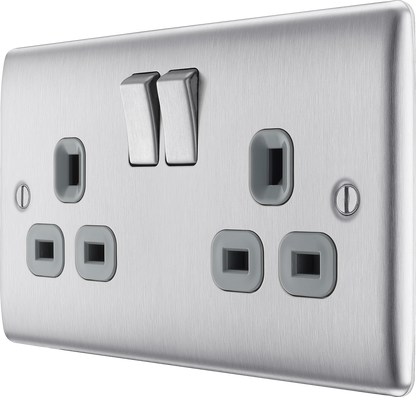 BG Nexus Metal Brushed Steel 13A 2 Gang Switched Socket