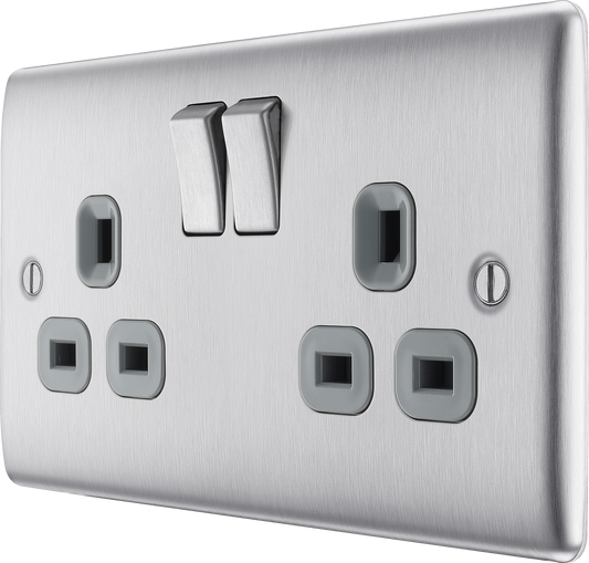 BG Nexus Metal Brushed Steel 13A 2 Gang Switched Socket