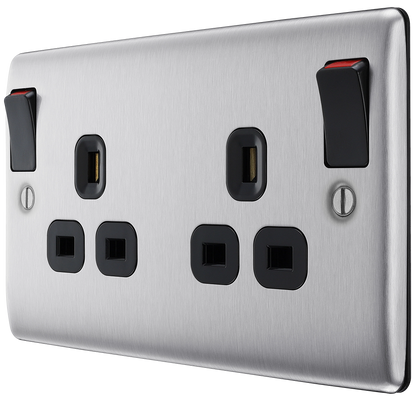 BG Nexus Metal Brushed Steel 13A 2 Gang Switched Socket