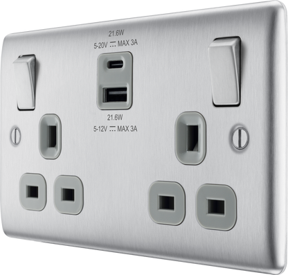 BG Nexus Metal Brushed Steel USB Charging Socket